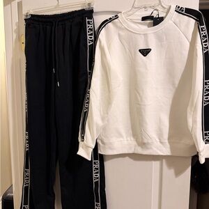 Prada White & Black Logo-Trim Sweatshirt and Track Pants